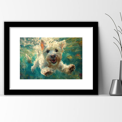 West Highland White Terrier Underwater Funny Art, Framed  Print, Painting Art, Framed Art Print White Border Wall Decor