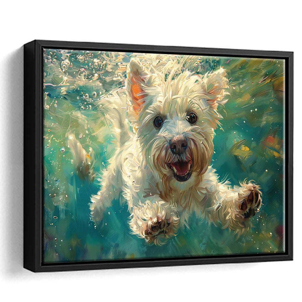 West Highland White Terrier Underwater Funny Art, Framed Canvas Print, Painting Art, Floating Framed Canvas Wall Art