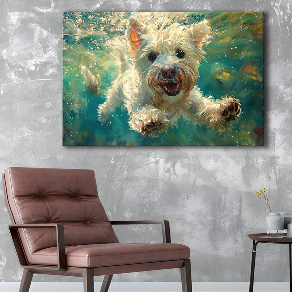 West Highland White Terrier Underwater Funny Art, Canvas Art Decor Print, Painting Art, Canvas Print Wall Art Home Decor