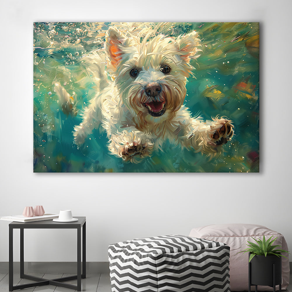 West Highland White Terrier Underwater Funny Art, Canvas Art Decor Print, Painting Art, Canvas Print Wall Art Home Decor