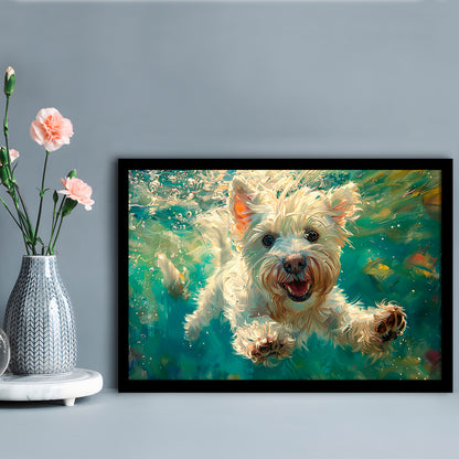 West Highland White Terrier Underwater Funny Art, Framed  Print, Painting Art, Framed Art Print Wall Decor, Framed Picture