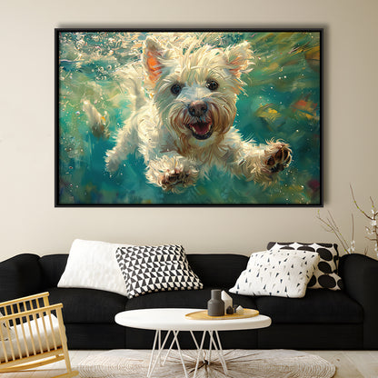 West Highland White Terrier Underwater Funny Art, Framed Canvas Print, Painting Art, Floating Framed Canvas Wall Art
