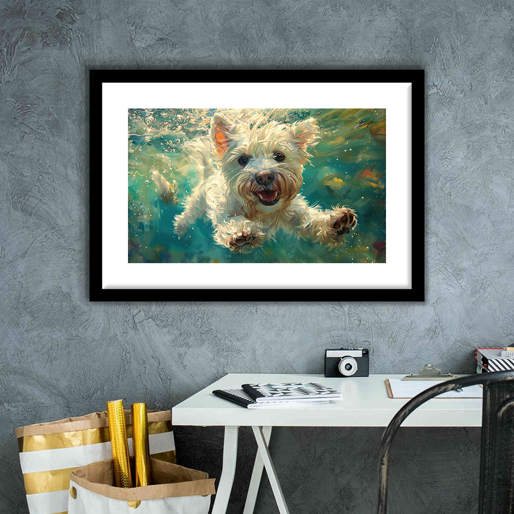 West Highland White Terrier Underwater Funny Art, Framed  Print, Painting Art, Framed Art Print White Border Wall Decor