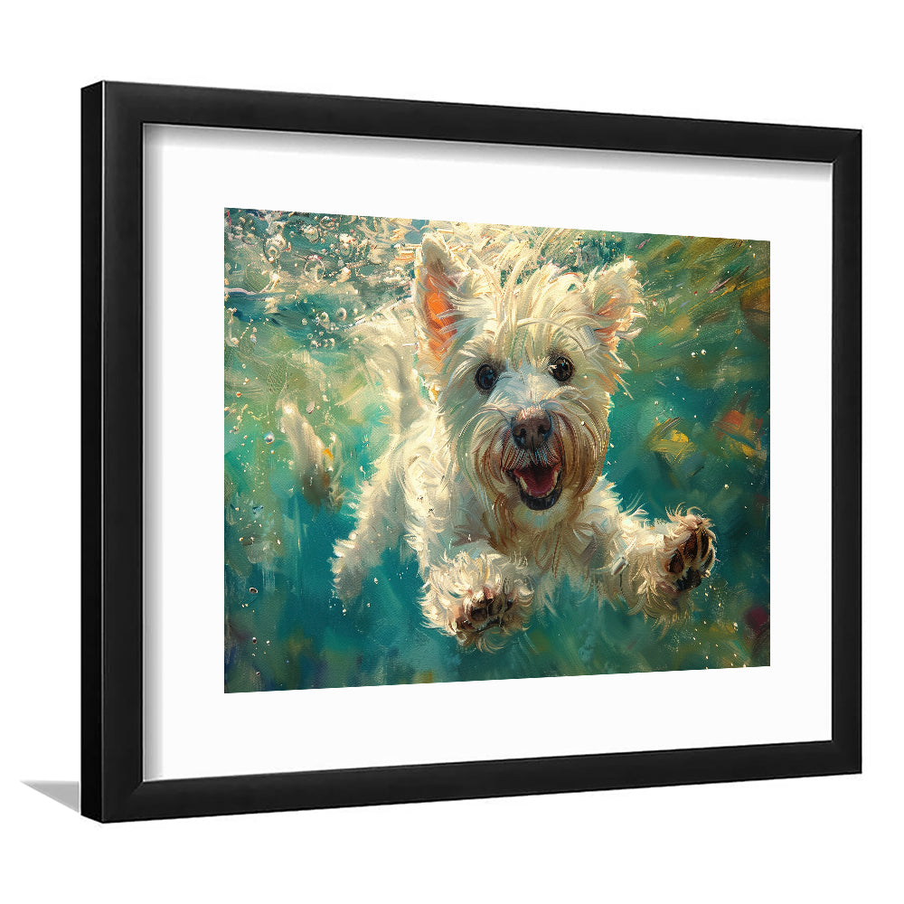 West Highland White Terrier Underwater Funny Art, Framed  Print, Painting Art, Framed Art Print White Border Wall Decor