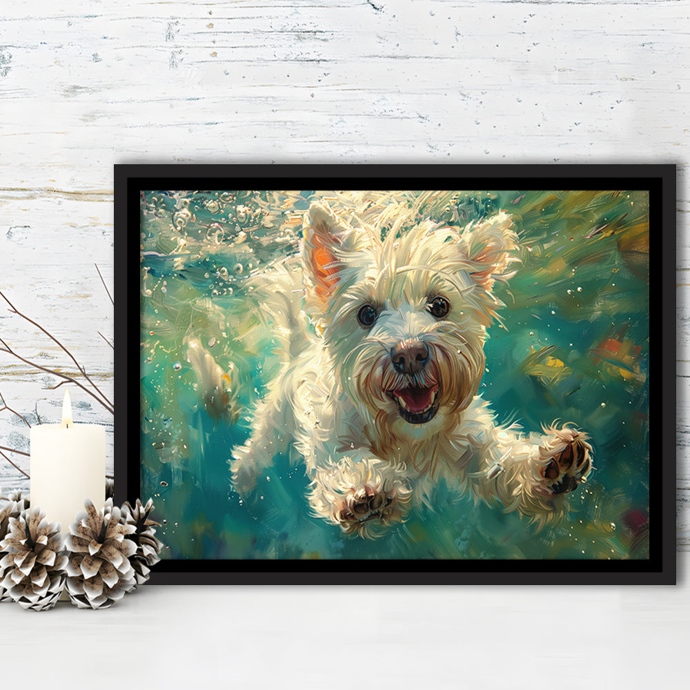 West Highland White Terrier Underwater Funny Art, Framed Canvas Print, Painting Art, Floating Framed Canvas Wall Art