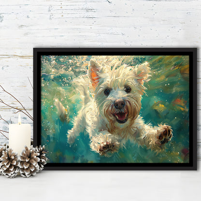 West Highland White Terrier Underwater Funny Art, Framed Canvas Print, Painting Art, Floating Framed Canvas Wall Art