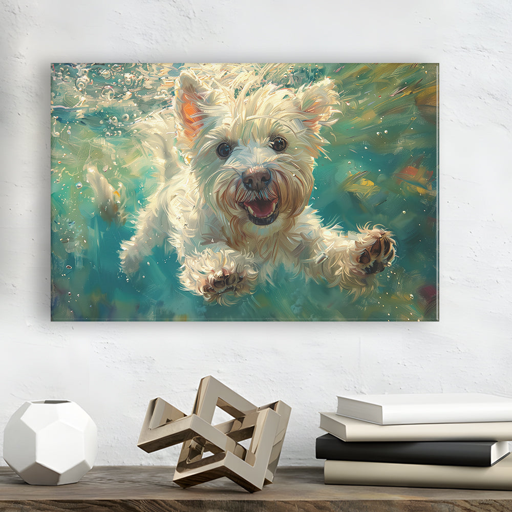 West Highland White Terrier Underwater Funny Art, Canvas Art Decor Print, Painting Art, Canvas Print Wall Art Home Decor