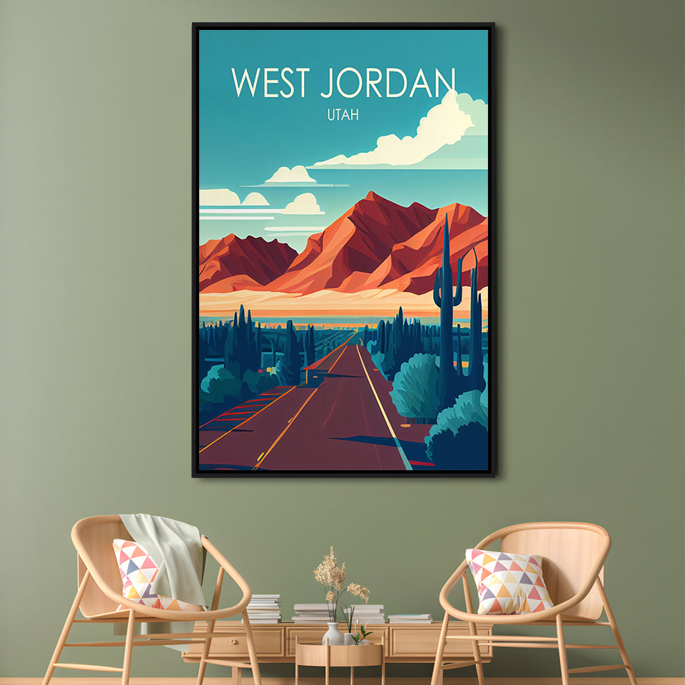 West Jordan Utah Retro Art Print, West Jordan City Wall Art, Floating Framed Canvas Print, Framed Picture, Painting Canvas