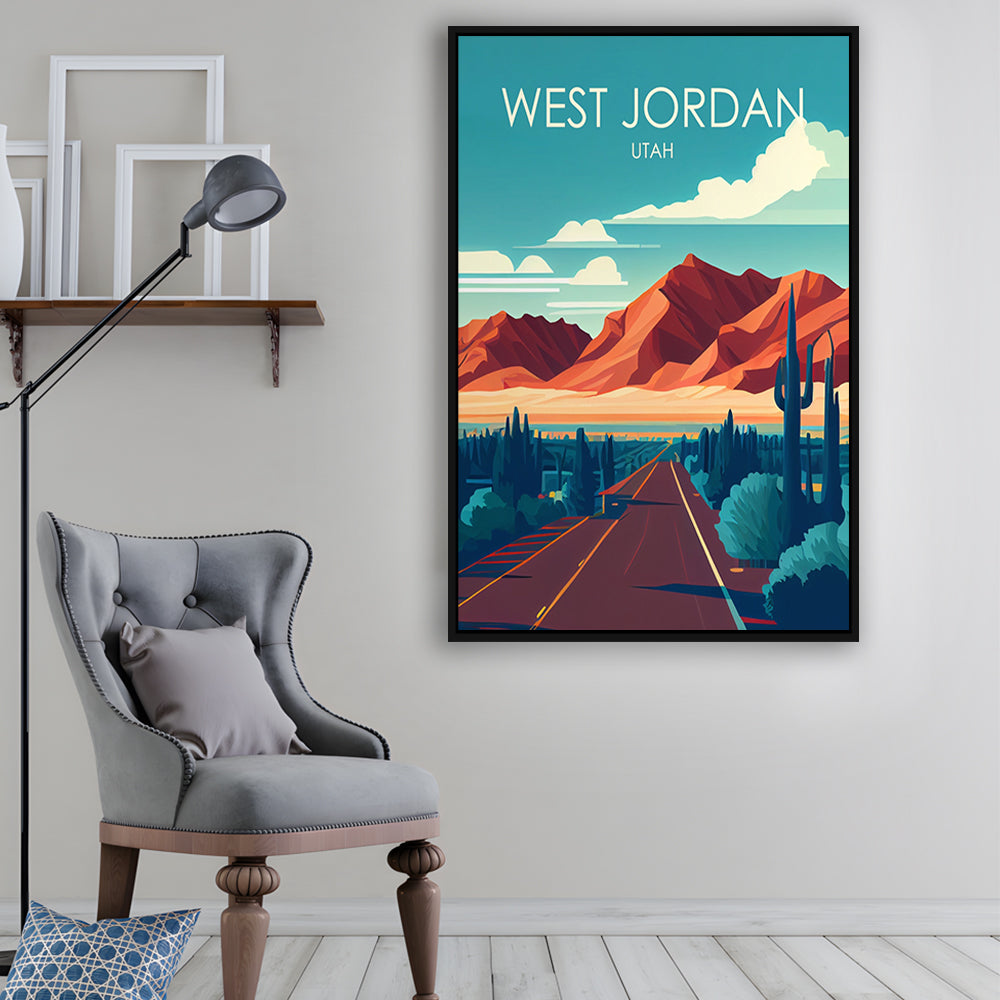 West Jordan Utah Retro Art Print, West Jordan City Wall Art, Floating Framed Canvas Print, Framed Picture, Painting Canvas