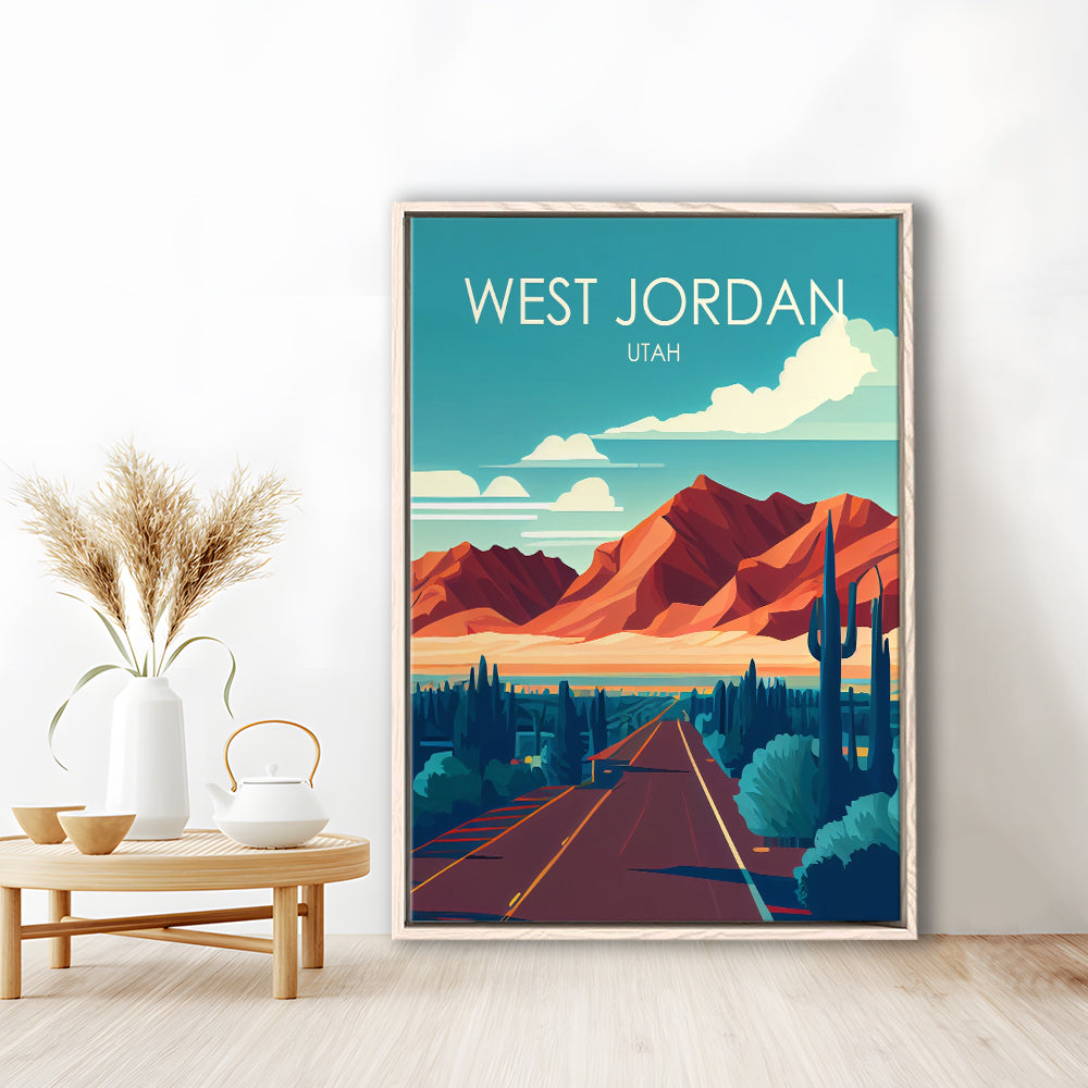 West Jordan Utah Retro Art Print, West Jordan City Wall Art, Floating Framed Canvas Print, Framed Picture, Painting Canvas