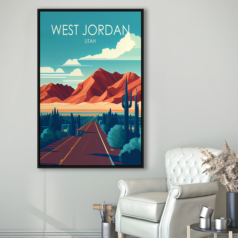 West Jordan Utah Retro Art Print, West Jordan City Wall Art, Floating Framed Canvas Print, Framed Picture, Painting Canvas