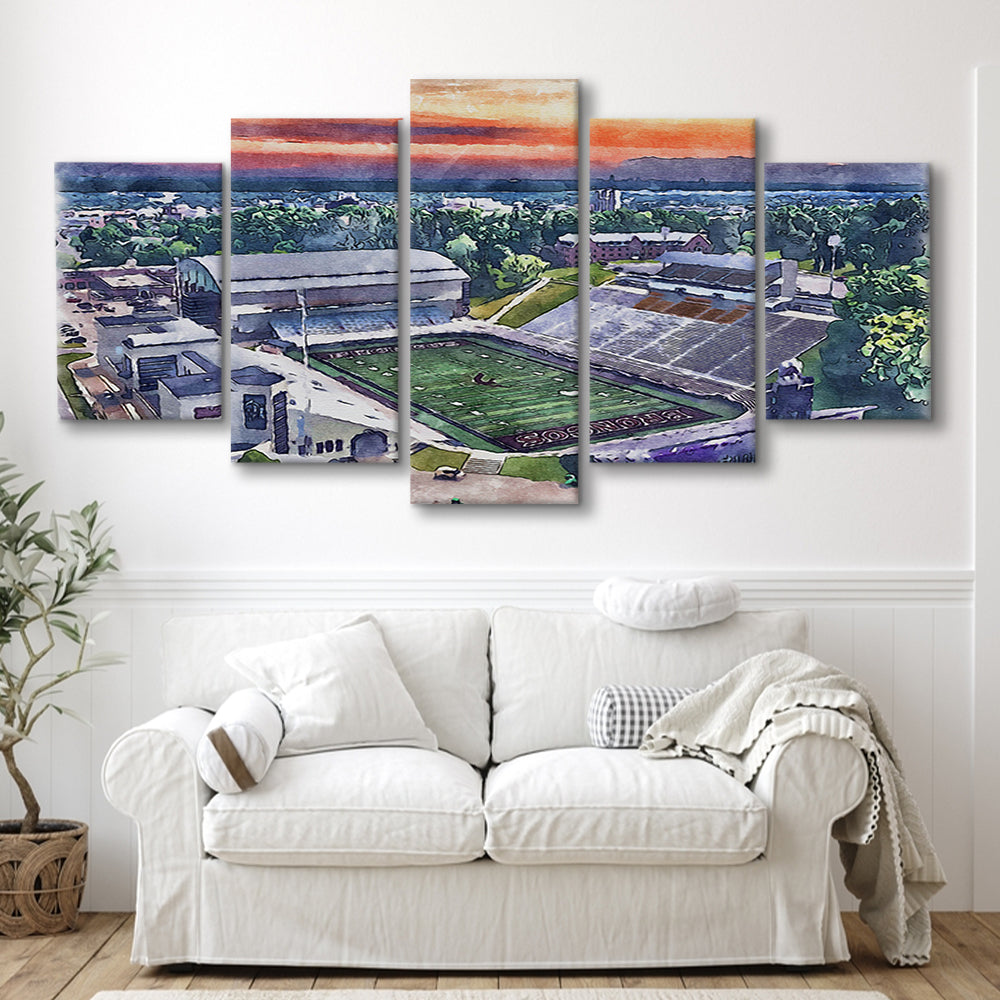 Western Michigan Broncos, Waldo Painting Stadium Watercolor, Sport Art, Mixed 5 Panel, Canvas Print Wall Art