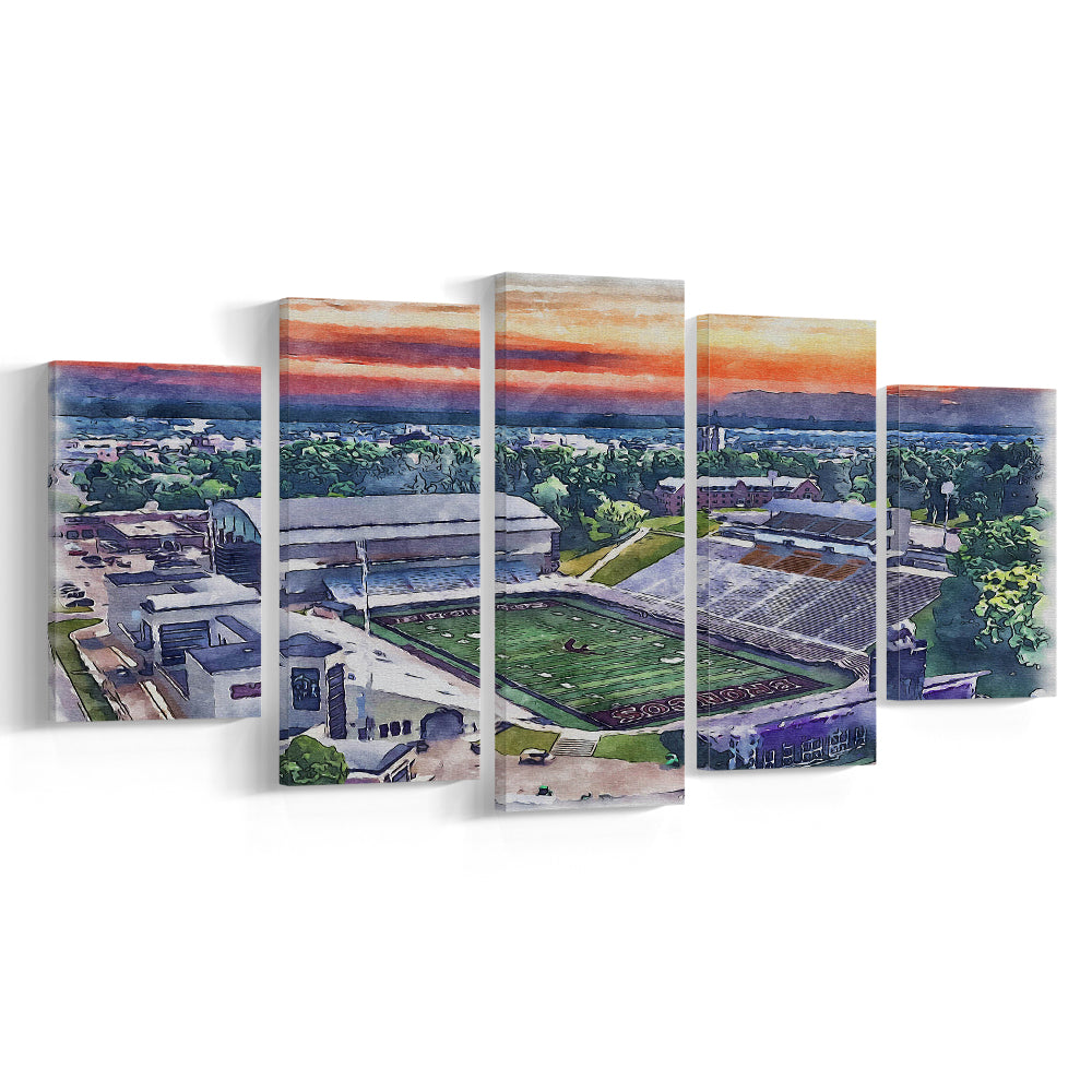 Western Michigan Broncos, Waldo Painting Stadium Watercolor, Sport Art, Mixed 5 Panel, Canvas Print Wall Art