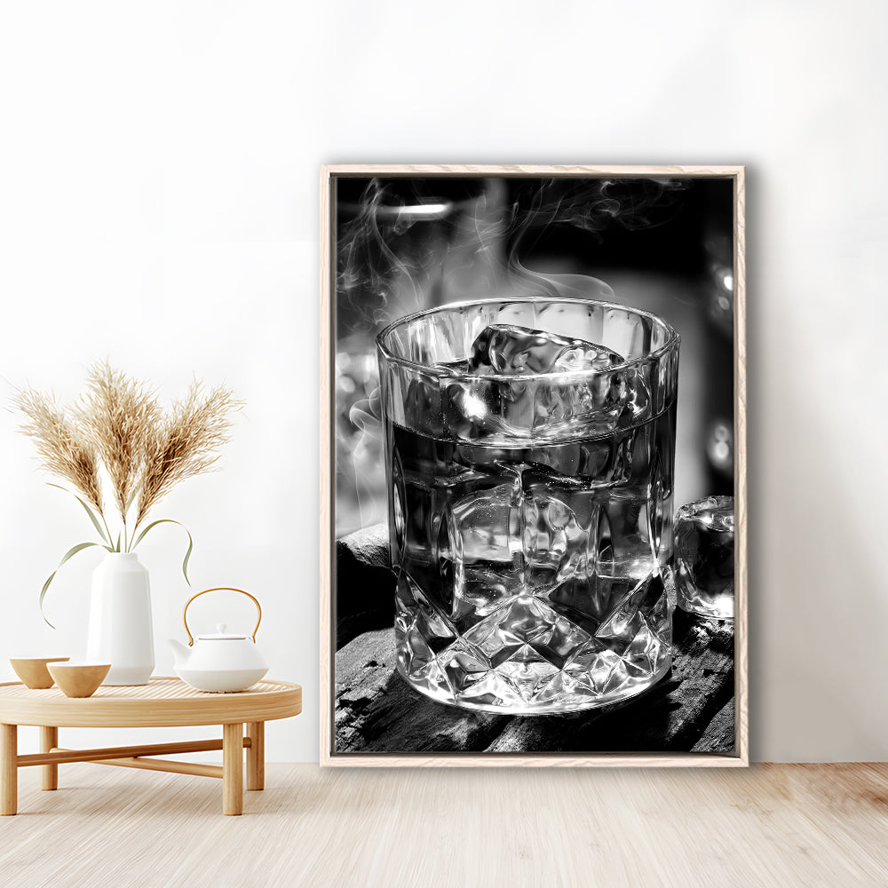 Whisky, Bar Cart Print, Black and White, Pub Decor, Dining Room Prints, Floating Framed Canvas Print