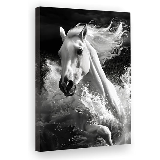 White Horse And Wave Black And White, Canvas Art Print Decor, Painting Art, Canvas Prints Wall Art