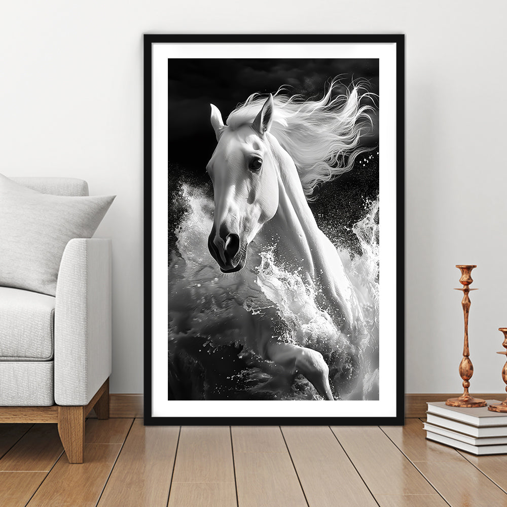 White Horse And Wave Black And White, Framed Picture Print, Framed Art Prints White Border Wall Decor