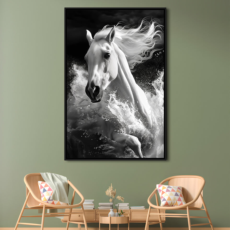 White Horse And Wave Black And White, Floating Framed Canvas Art Print,, Framed Canvas Prints Wall Art