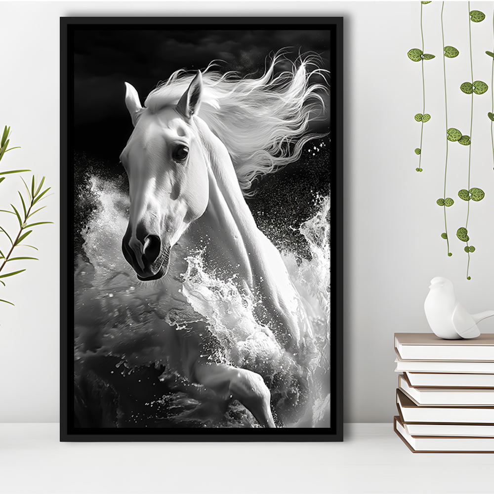 White Horse And Wave Black And White, Floating Framed Canvas Art Print,, Framed Canvas Prints Wall Art