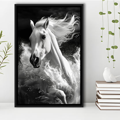 White Horse And Wave Black And White, Floating Framed Canvas Art Print,, Framed Canvas Prints Wall Art