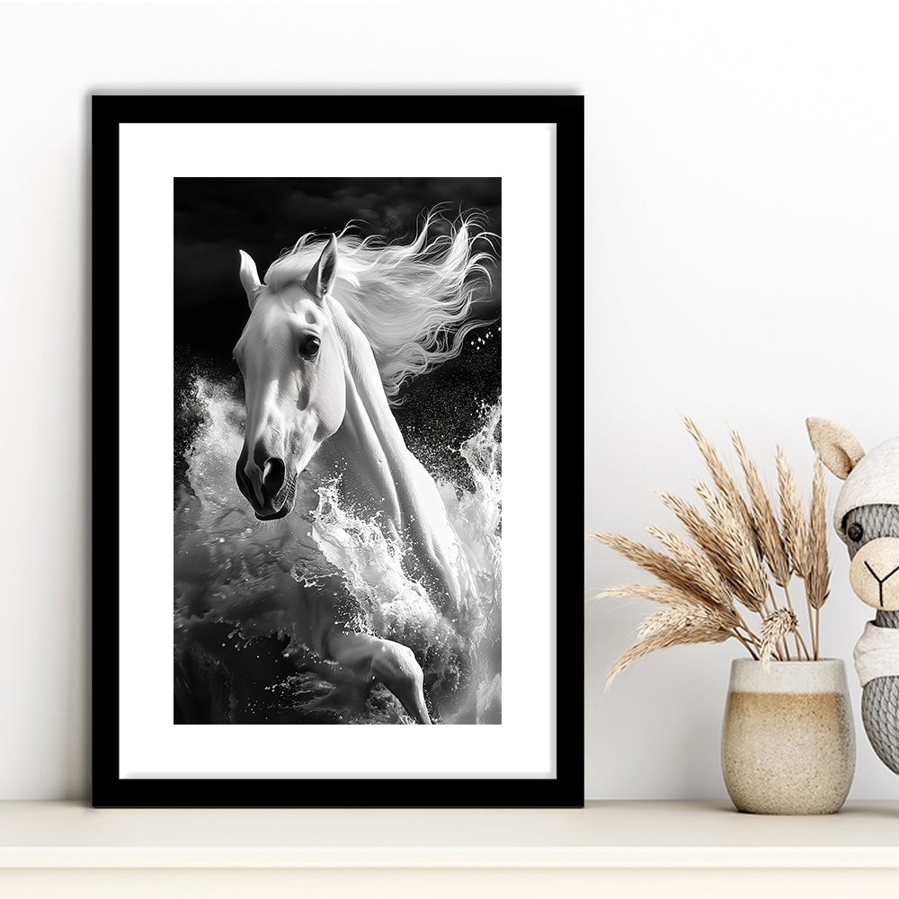 White Horse And Wave Black And White, Framed Picture Print, Framed Art Prints White Border Wall Decor