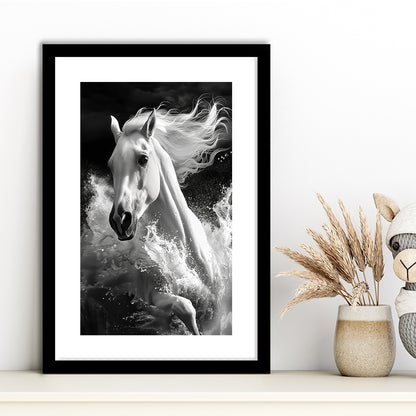 White Horse And Wave Black And White, Framed Picture Print, Framed Art Prints White Border Wall Decor