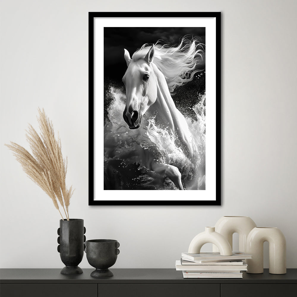 White Horse And Wave Black And White, Framed Picture Print, Framed Art Prints White Border Wall Decor