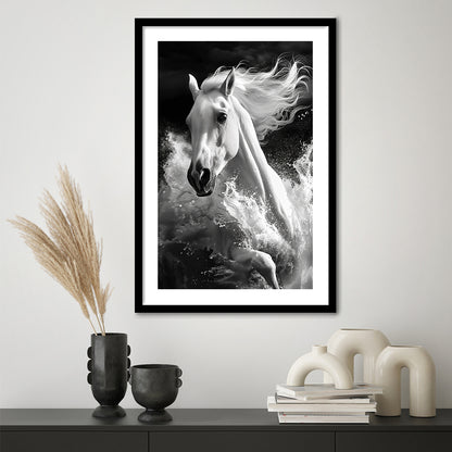White Horse And Wave Black And White, Framed Picture Print, Framed Art Prints White Border Wall Decor