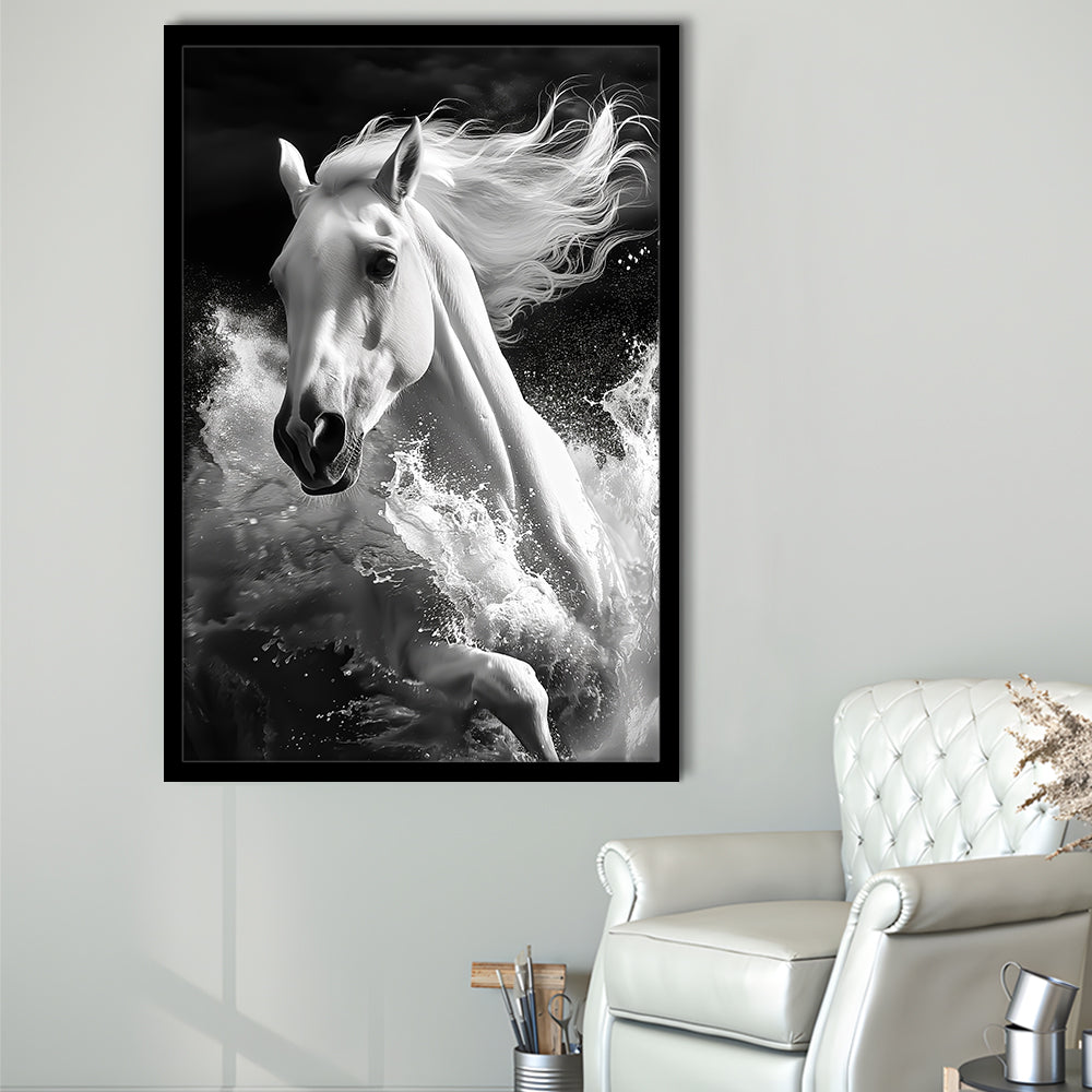 White Horse And Wave Black And White, Framed Picture Print,, Framed Art Prints Wall Decor