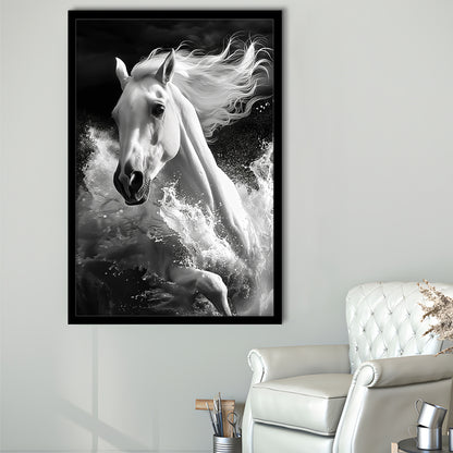 White Horse And Wave Black And White, Framed Picture Print,, Framed Art Prints Wall Decor