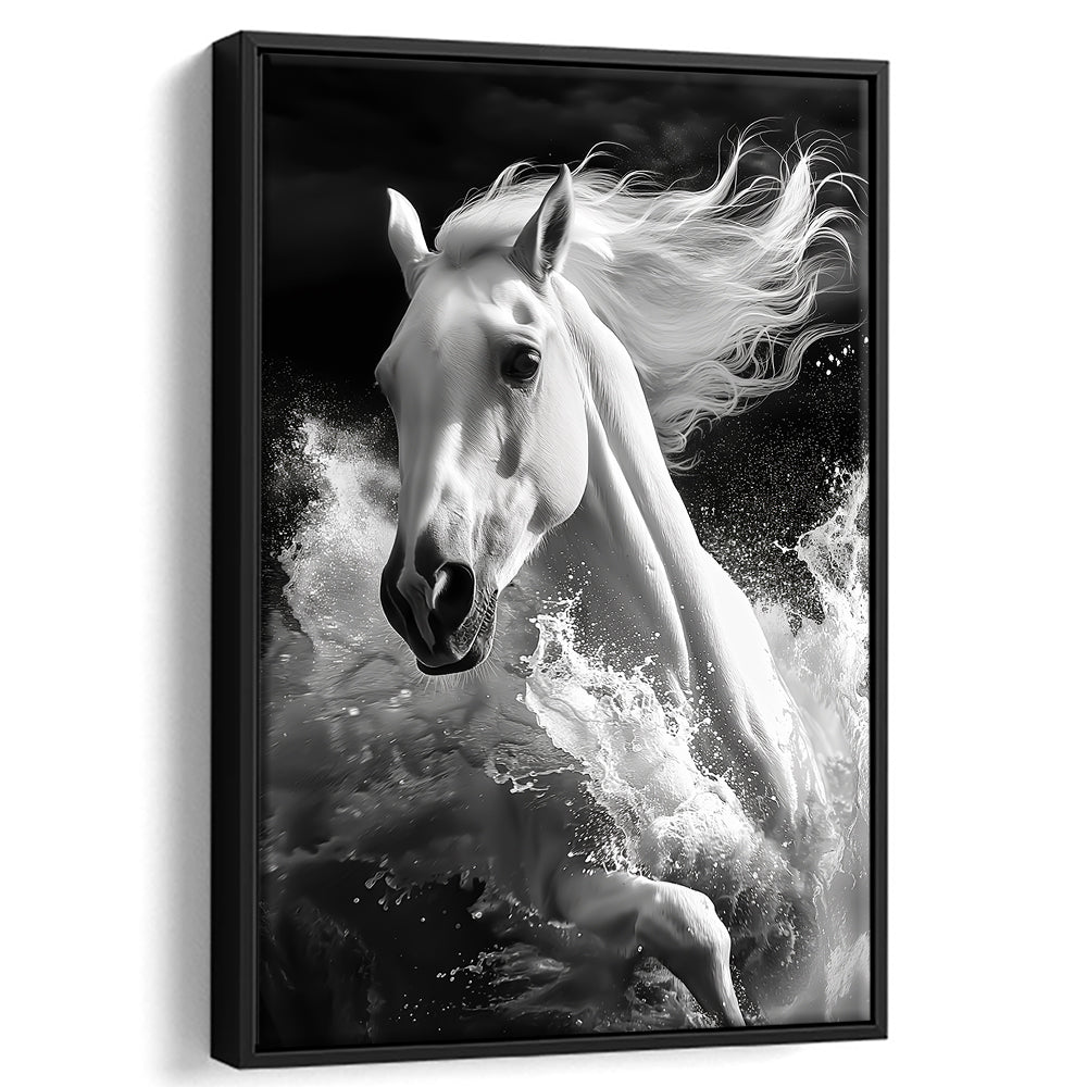 White Horse And Wave Black And White, Floating Framed Canvas Art Print,, Framed Canvas Prints Wall Art