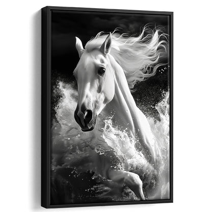 White Horse And Wave Black And White, Floating Framed Canvas Art Print,, Framed Canvas Prints Wall Art
