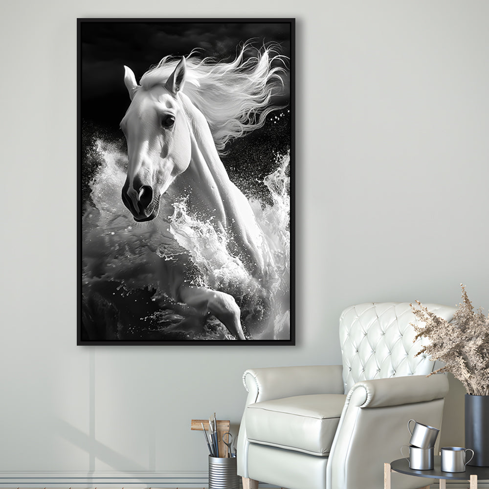 White Horse And Wave Black And White, Floating Framed Canvas Art Print,, Framed Canvas Prints Wall Art