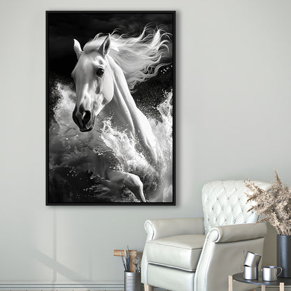 White Horse And Wave Black And White, Floating Framed Canvas Art Print,, Framed Canvas Prints Wall Art