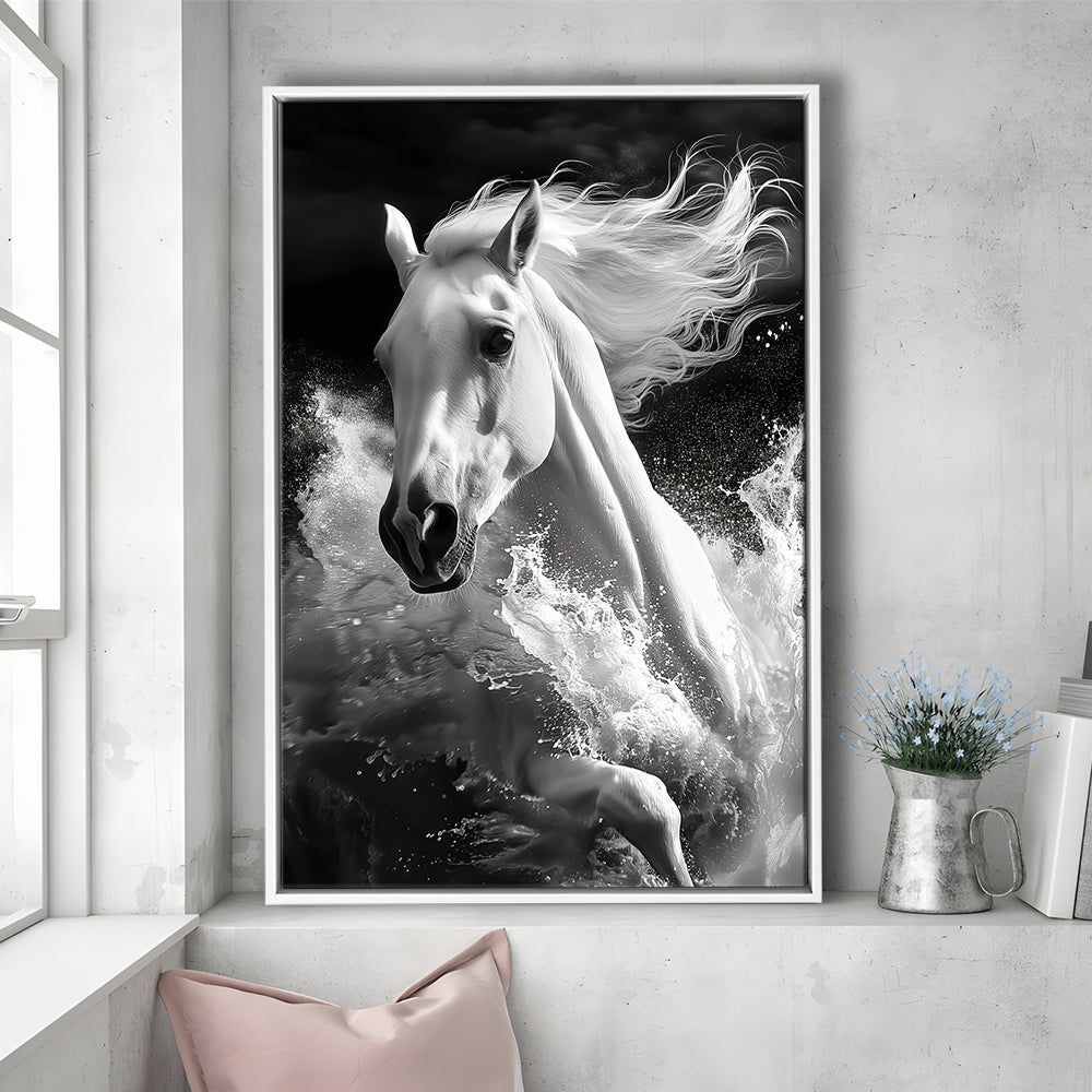 White Horse And Wave Black And White, Floating Framed Canvas Art Print,, Framed Canvas Prints Wall Art