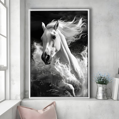White Horse And Wave Black And White, Floating Framed Canvas Art Print,, Framed Canvas Prints Wall Art
