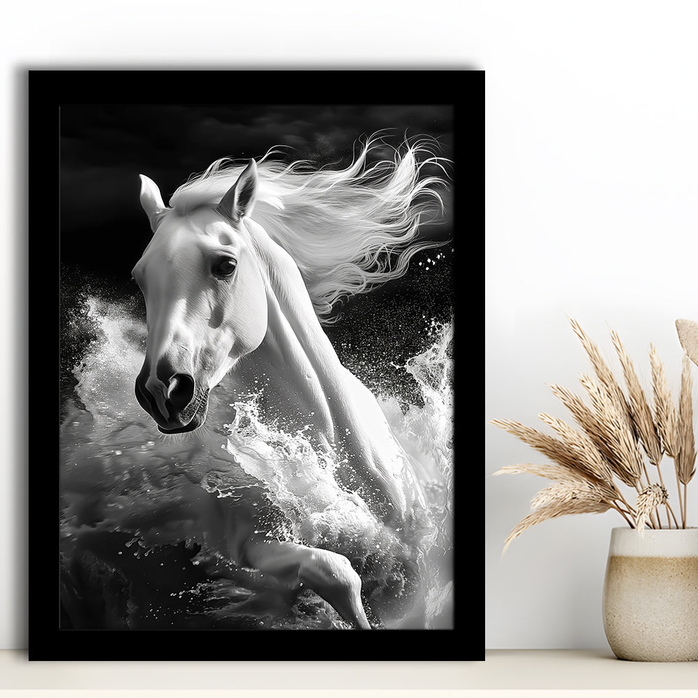 White Horse And Wave Black And White, Framed Picture Print,, Framed Art Prints Wall Decor