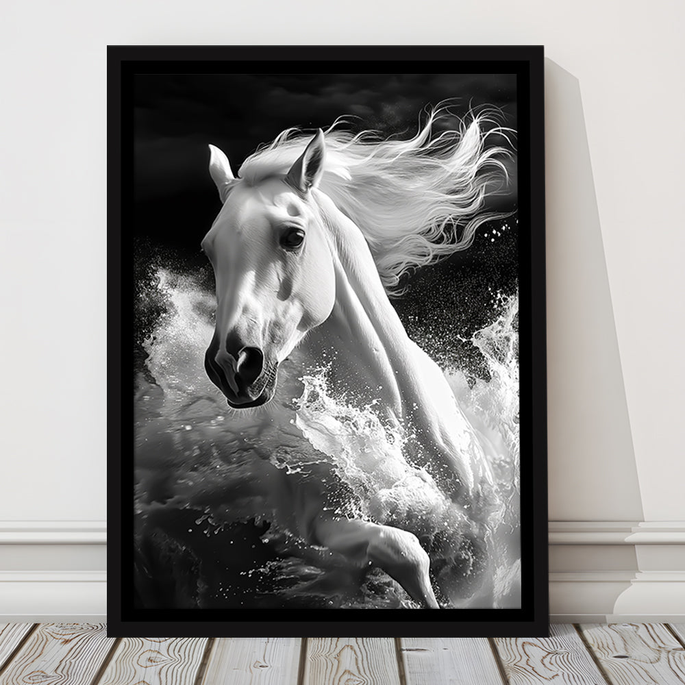 White Horse And Wave Black And White, Floating Framed Canvas Art Print,, Framed Canvas Prints Wall Art