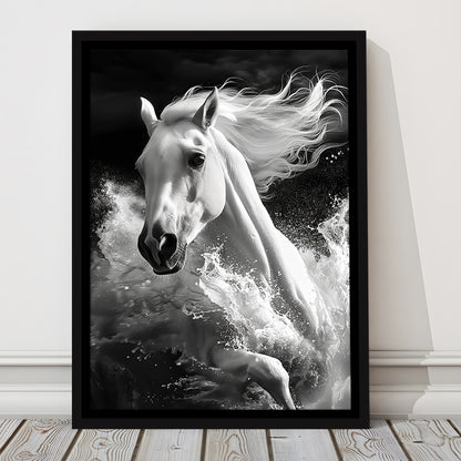White Horse And Wave Black And White, Floating Framed Canvas Art Print,, Framed Canvas Prints Wall Art