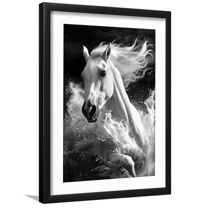 White Horse And Wave Black And White, Framed Picture Print, Framed Art Prints White Border Wall Decor