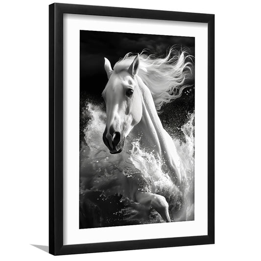 White Horse And Wave Black And White, Framed Picture Print, Framed Art Prints White Border Wall Decor