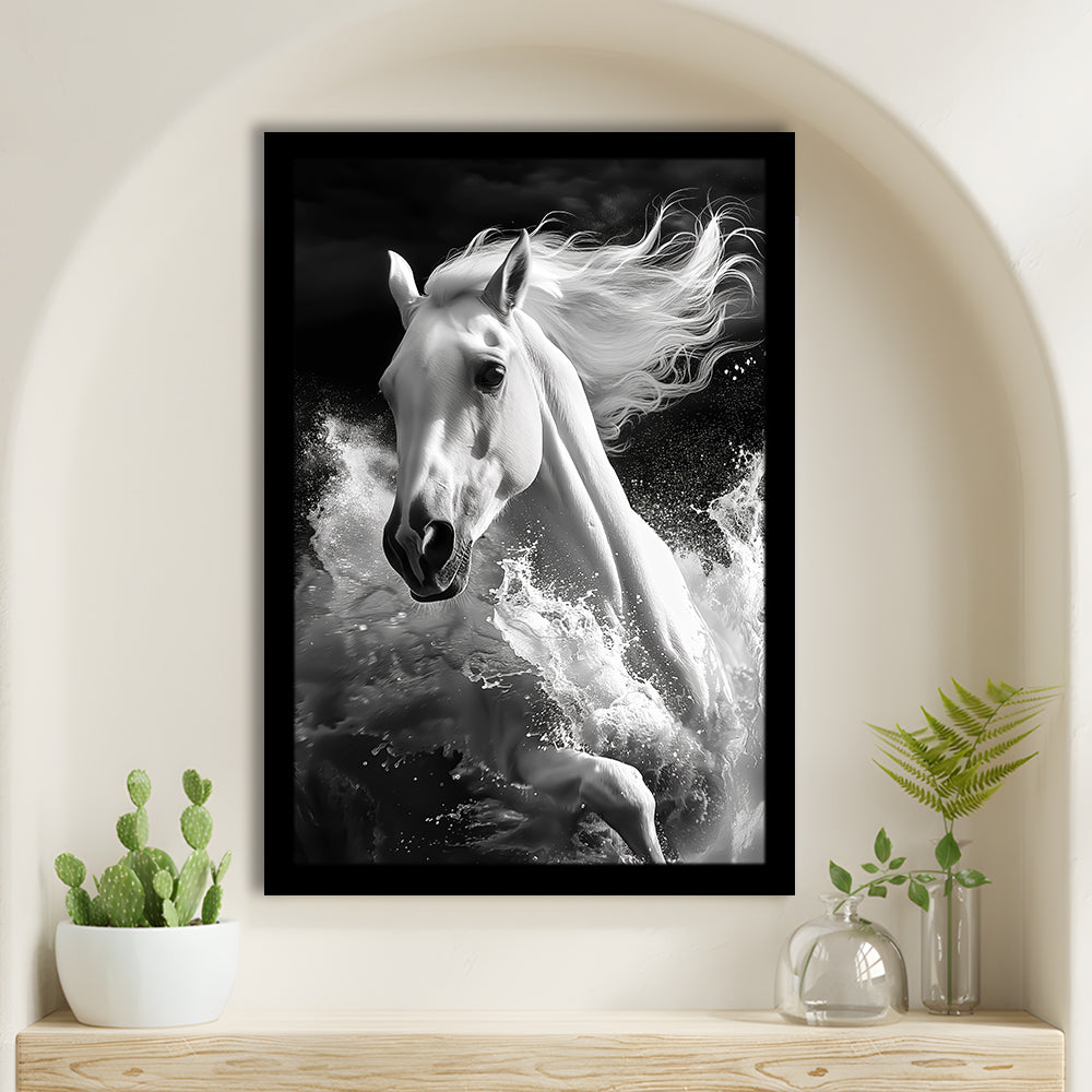 White Horse And Wave Black And White, Framed Picture Print,, Framed Art Prints Wall Decor