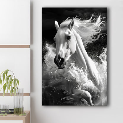 White Horse And Wave Black And White, Canvas Art Print Decor, Painting Art, Canvas Prints Wall Art
