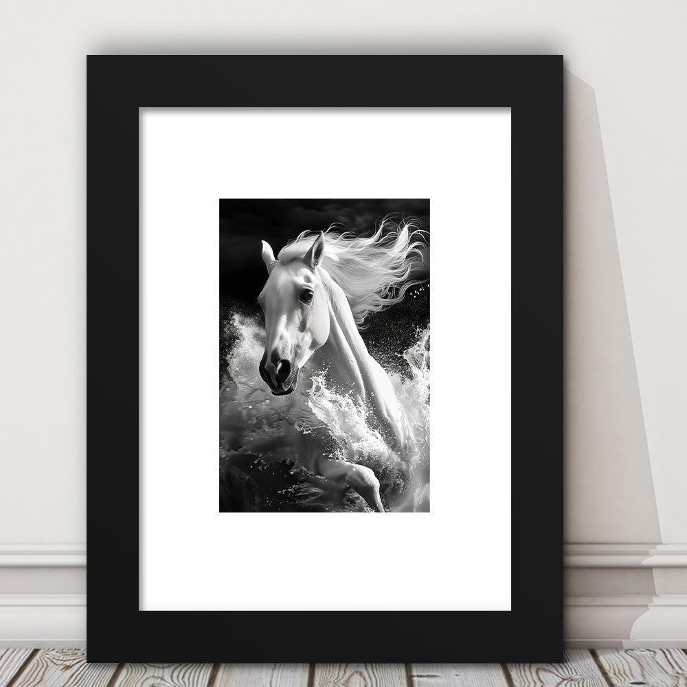 White Horse And Wave Black And White, Framed Picture Print, Framed Art Prints White Border Wall Decor