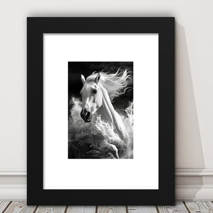 White Horse And Wave Black And White, Framed Picture Print, Framed Art Prints White Border Wall Decor