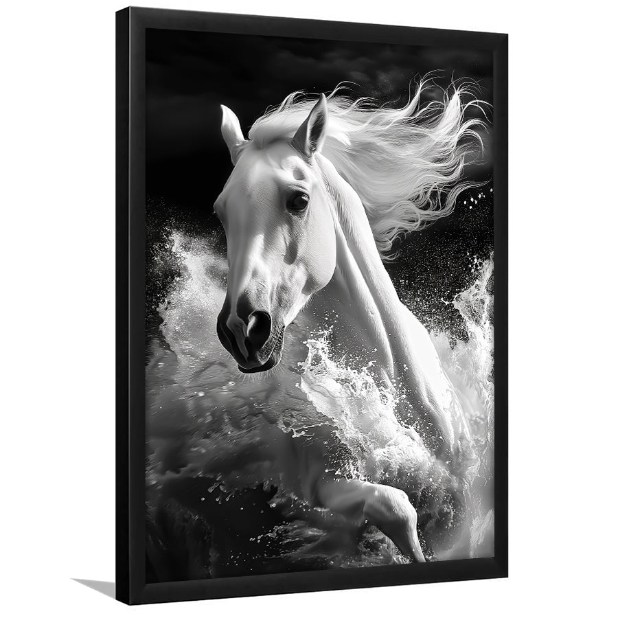 White Horse And Wave Black And White, Framed Picture Print,, Framed Art Prints Wall Decor