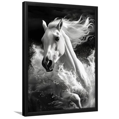 White Horse And Wave Black And White, Framed Picture Print,, Framed Art Prints Wall Decor