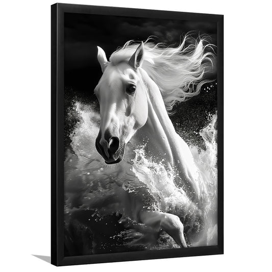White Horse And Wave Black And White, Framed Picture Print,, Framed Art Prints Wall Decor