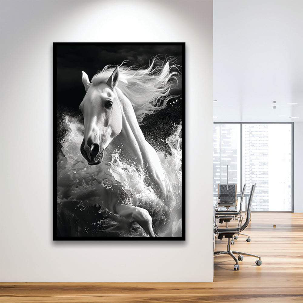 White Horse And Wave Black And White, Framed Picture Print,, Framed Art Prints Wall Decor