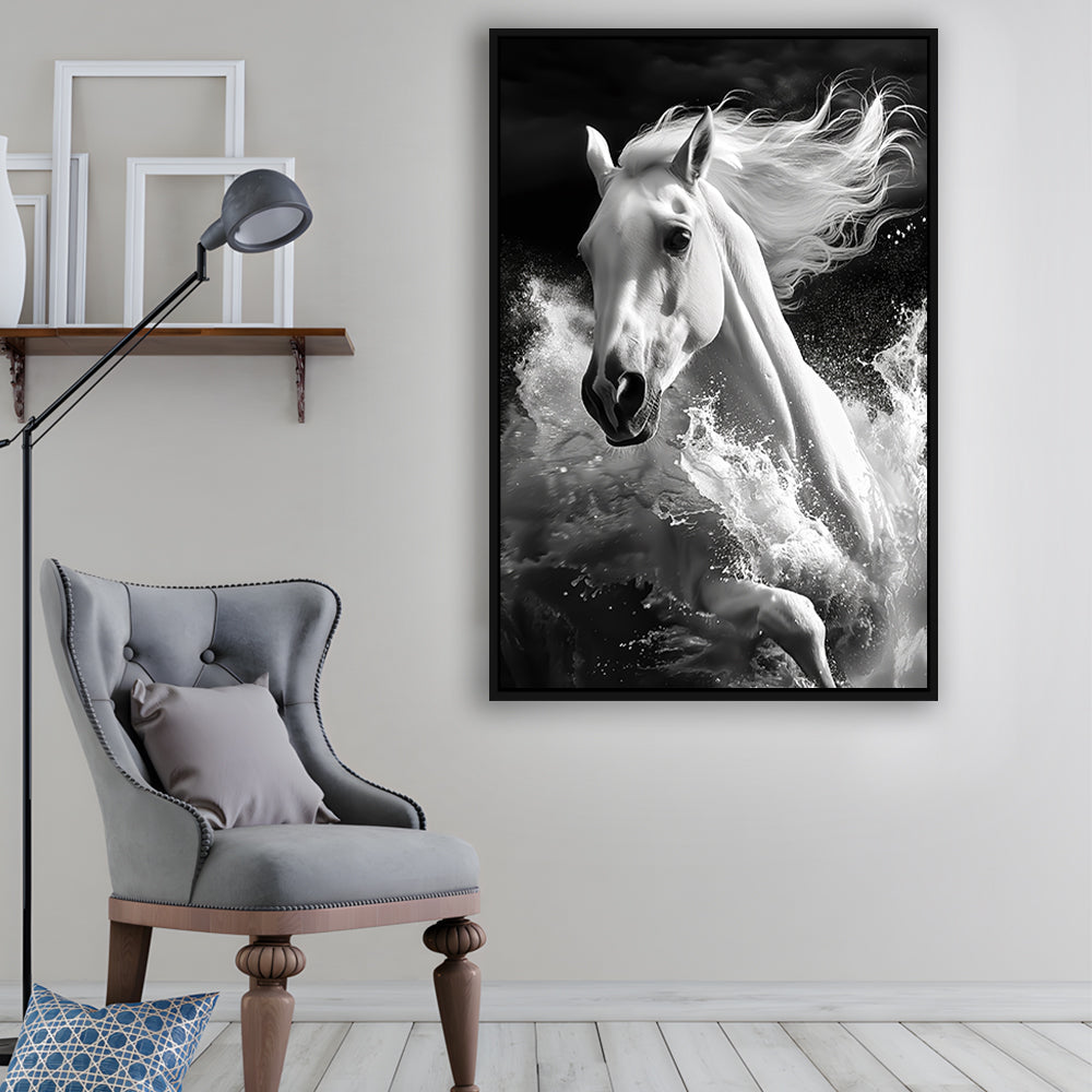 White Horse And Wave Black And White, Floating Framed Canvas Art Print,, Framed Canvas Prints Wall Art