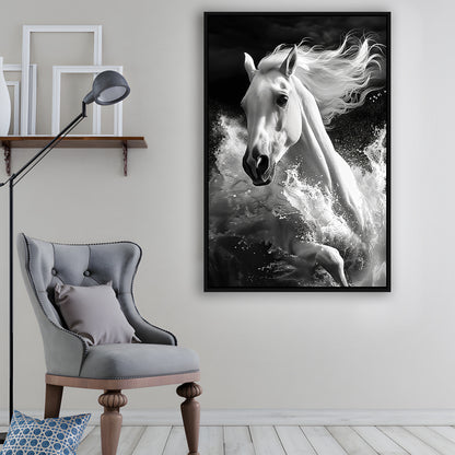 White Horse And Wave Black And White, Floating Framed Canvas Art Print,, Framed Canvas Prints Wall Art